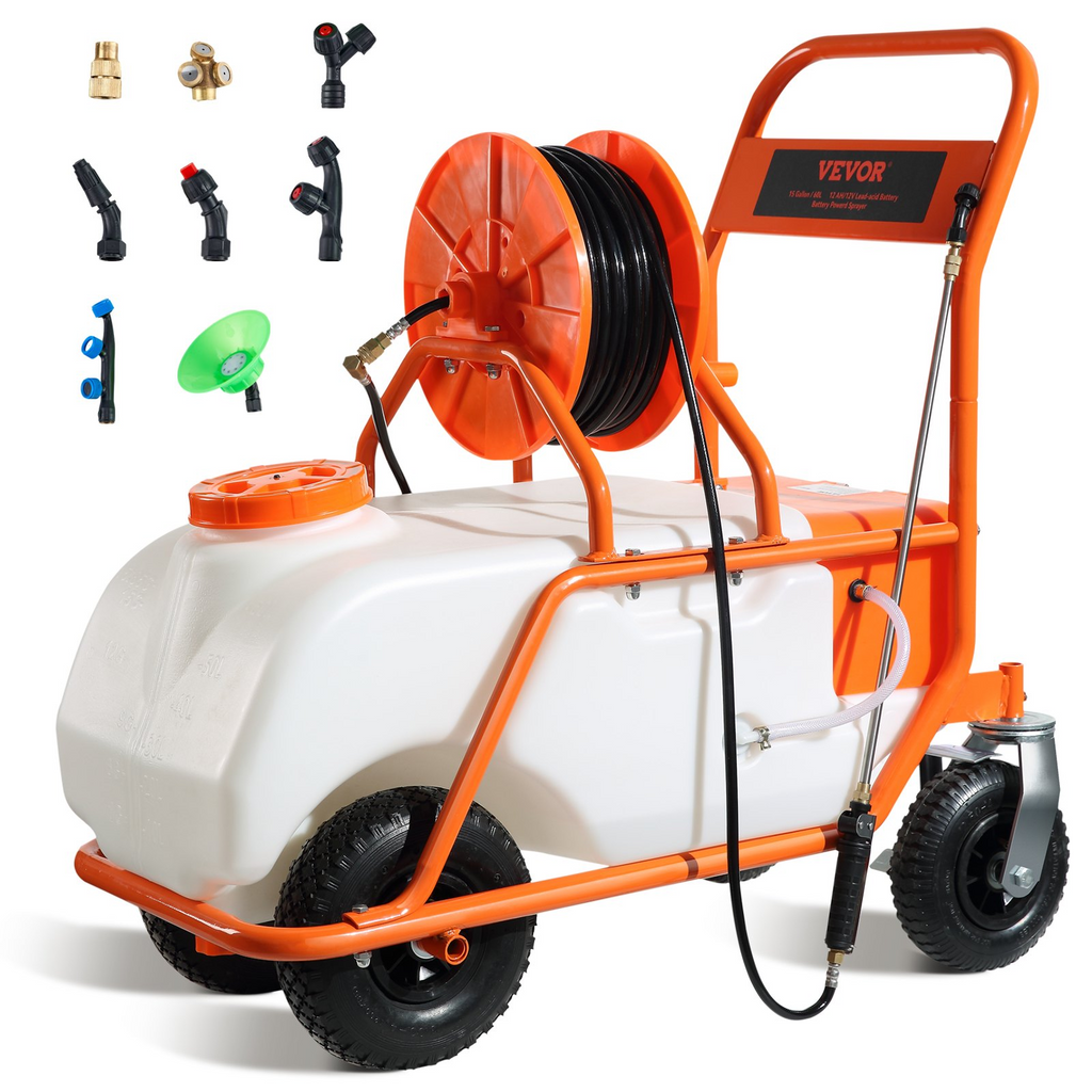 Pulverizador de césped a batería VEVOR con ruedas presión ajustable de 0 a 90 PSI tanque de 15 galones con 8 boquillas y 2 varillas batería de 12 V 12 Ah