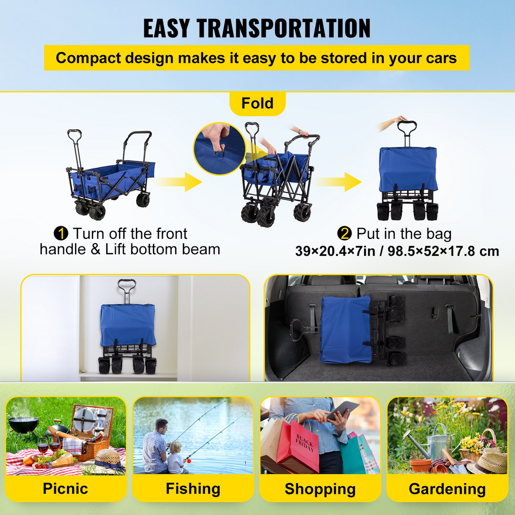 VEVOR Carrito de jardín plegable extragrande con toldo extraíble