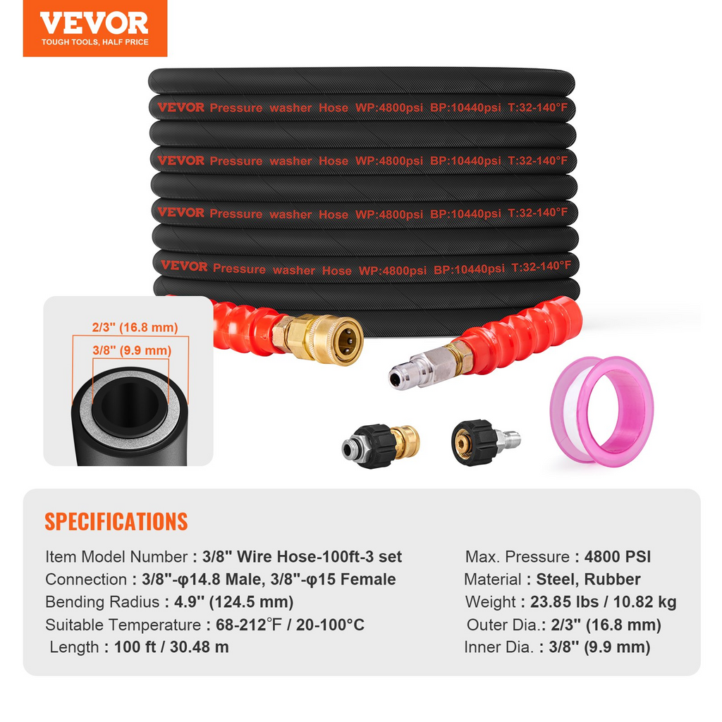 Manguera para hidrolavadora VEVOR 100 pies sin torceduras 3/8"-φ14.8 macho, 3/8"-φ15 hembra radio de curvatura de 4.9'' de 4800 PSI