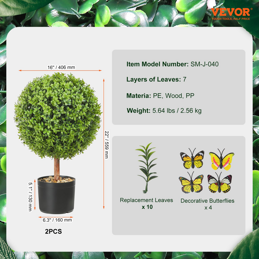 VEVOR 2x Bolas de boj artificiales 40,6cm incluye 4 mariposas decorativas y 10 piezas de repuesto