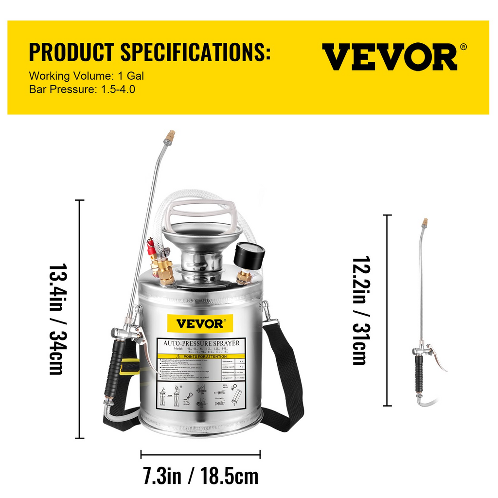VEVOR Rociador de agua manual de 1 galón de acero inoxidable con varilla y mango de 12 pulgadas y manguera reforzada de 3 pies