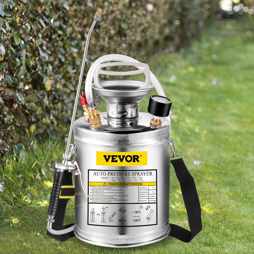 VEVOR Rociador de agua manual de 1 galón de acero inoxidable con varilla y mango de 12 pulgadas y manguera reforzada de 3 pies
