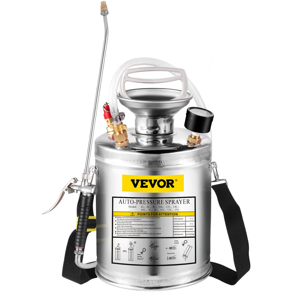 VEVOR Rociador de agua manual de 1 galón de acero inoxidable con varilla y mango de 12 pulgadas y manguera reforzada de 3 pies