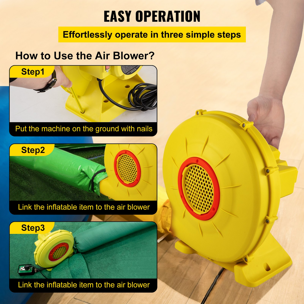 Soplador de aire VEVOR 450 W 0.6 HP para castillos inflables y toboganes amarillo