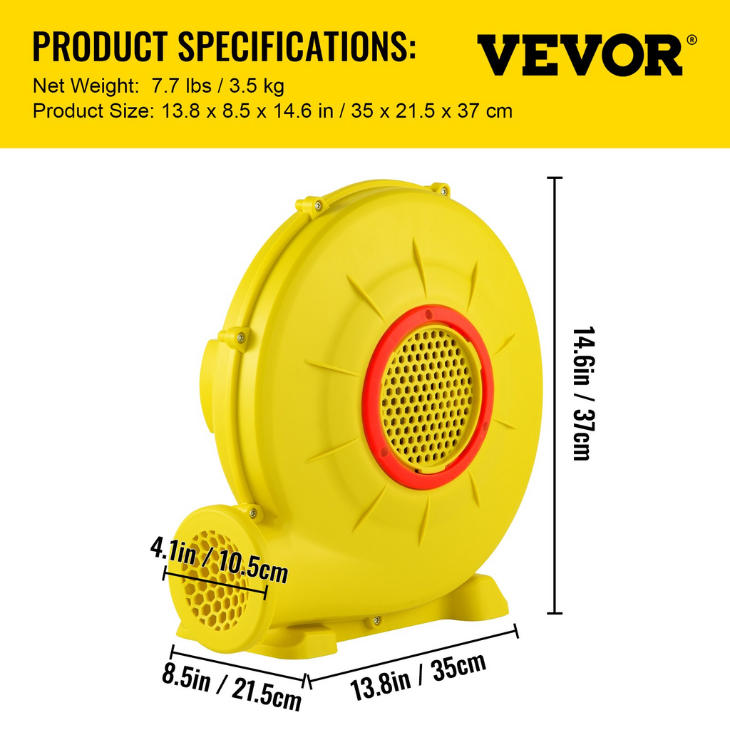 Soplador de aire VEVOR 450 W 0.6 HP para castillos inflables y toboganes amarillo