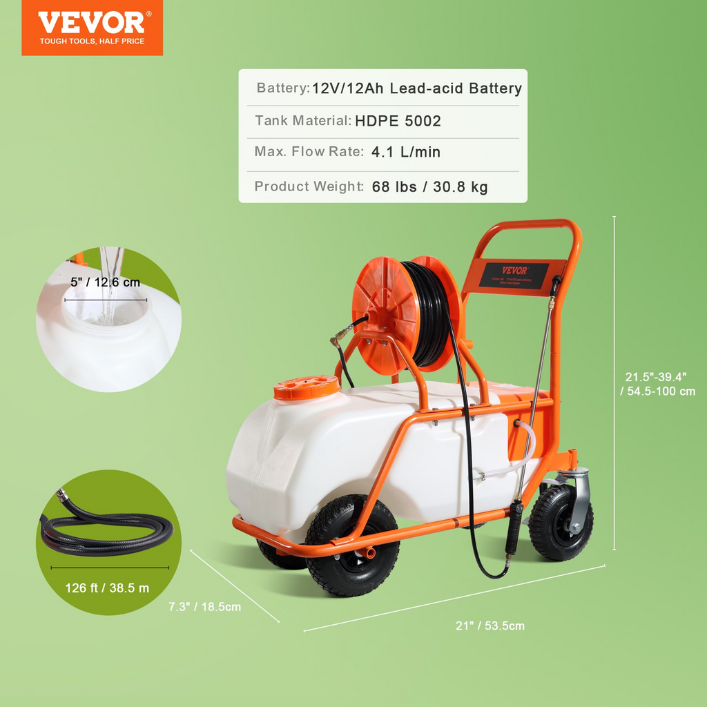 Pulverizador de césped a batería VEVOR con ruedas presión ajustable de 0 a 90 PSI tanque de 15 galones con 8 boquillas y 2 varillas batería de 12 V 12 Ah
