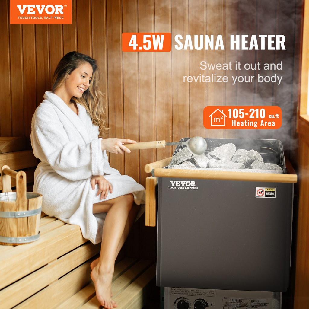 Calentador de sauna VEVOR de 4,5 KW y 220 V temporizador de 3 h y temperatura ajustable para un máximo de 105-210 pies cúbicos