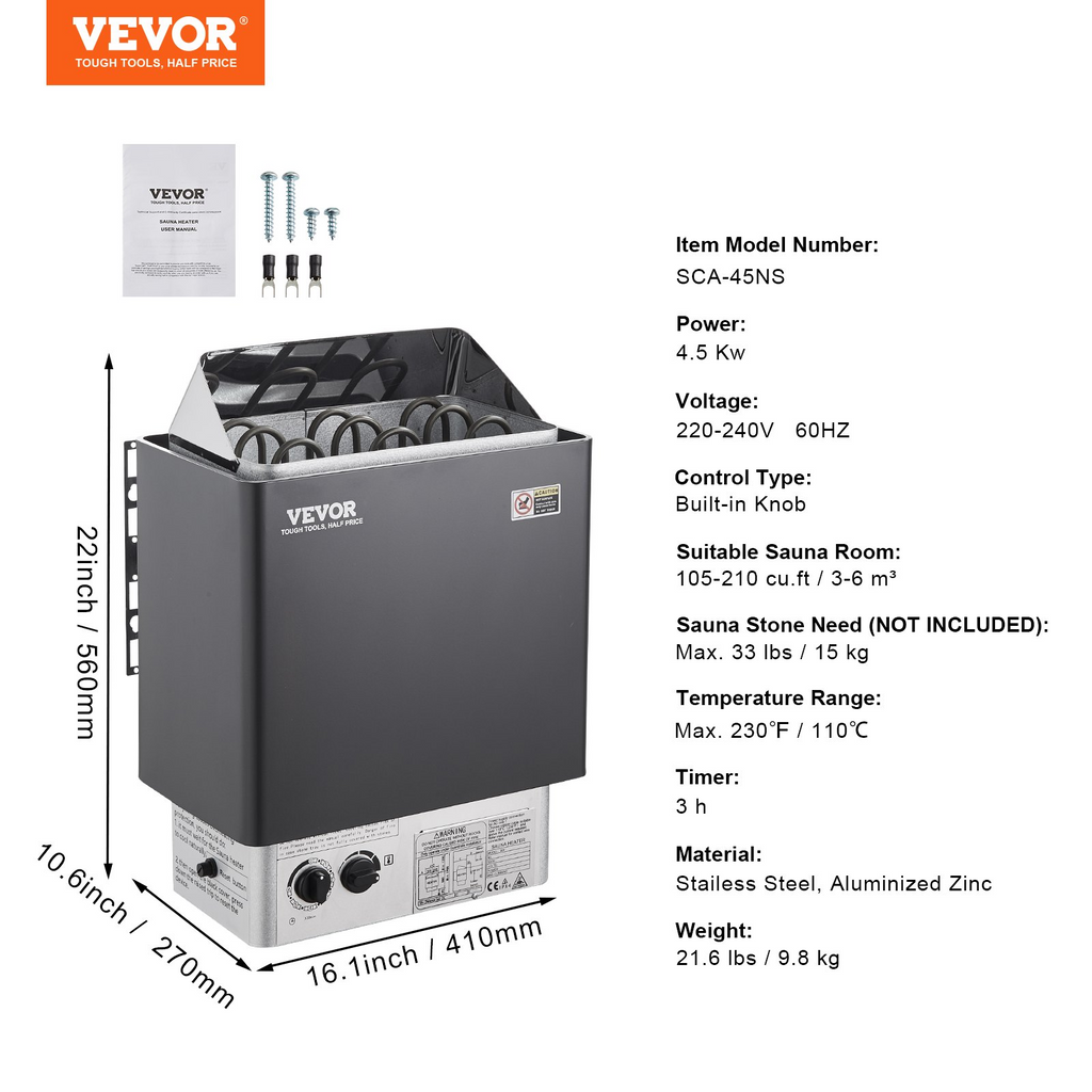 Calentador de sauna VEVOR de 4,5 KW y 220 V temporizador de 3 h y temperatura ajustable para un máximo de 105-210 pies cúbicos