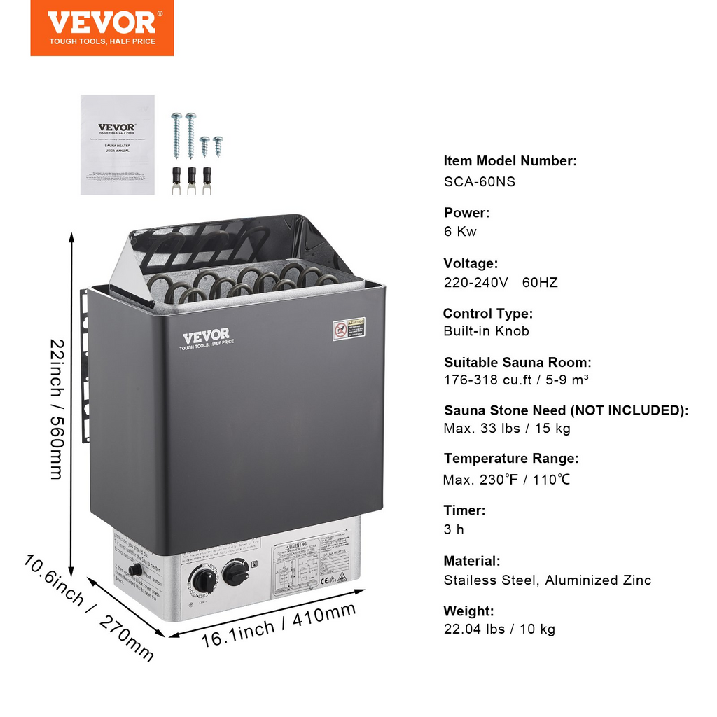 Calentador de sauna VEVOR de 6KW y 220V temporizador de 3 h y temperatura ajustable para un máximo de 176-318 pies cúbicos