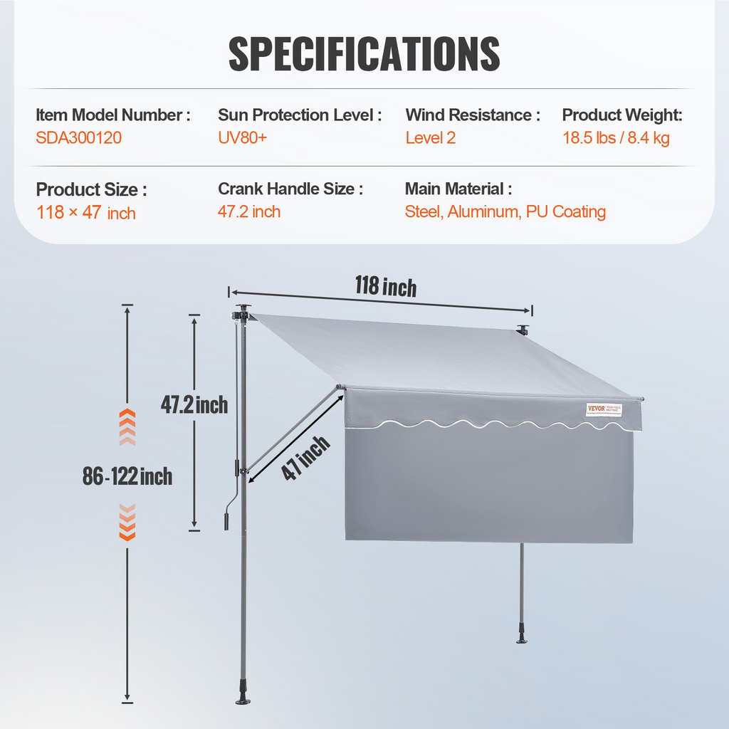 Toldo retráctil manual para exteriores de 118" con cortina parasol de 39"