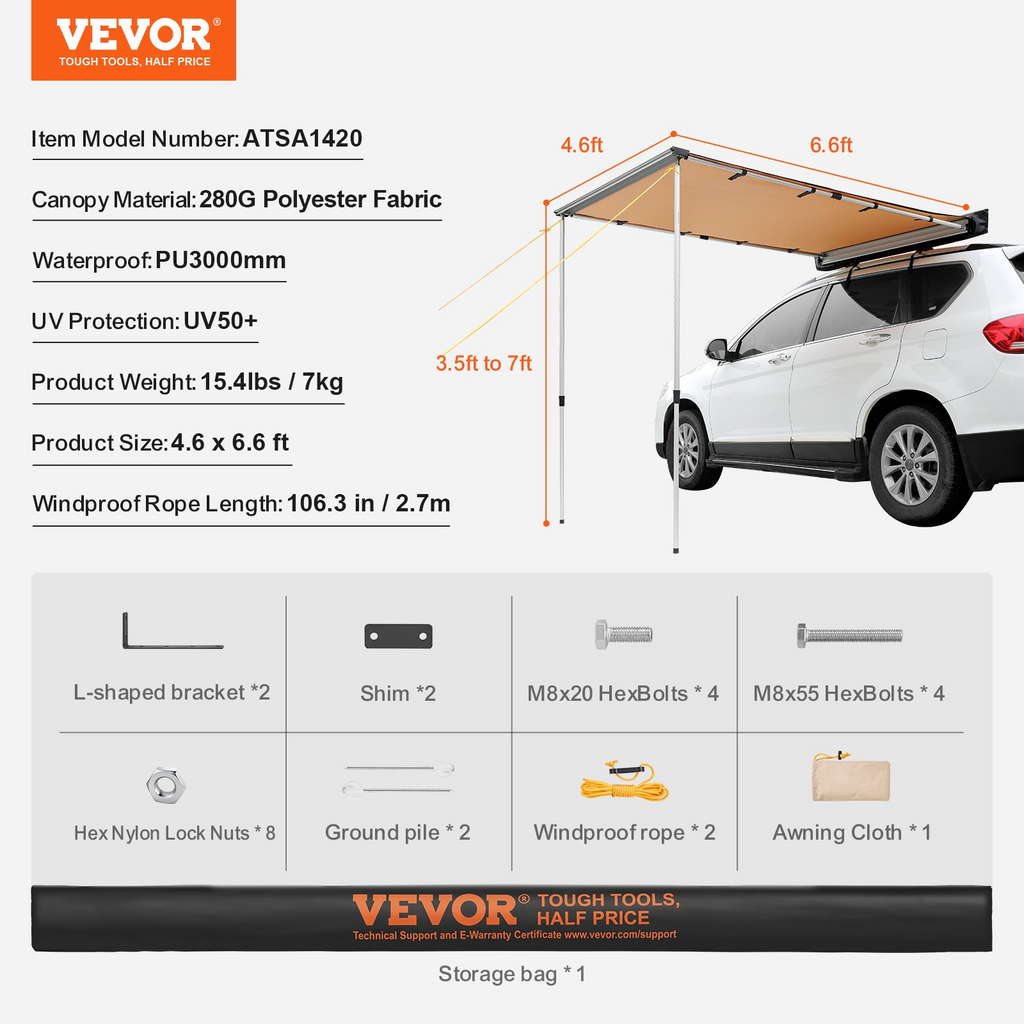 Toldo lateral para coche VEVOR de 4,6 x 6,6 pies retráctil para coche PU3000 mm UV50+ con bolsa de almacenamiento impermeable
