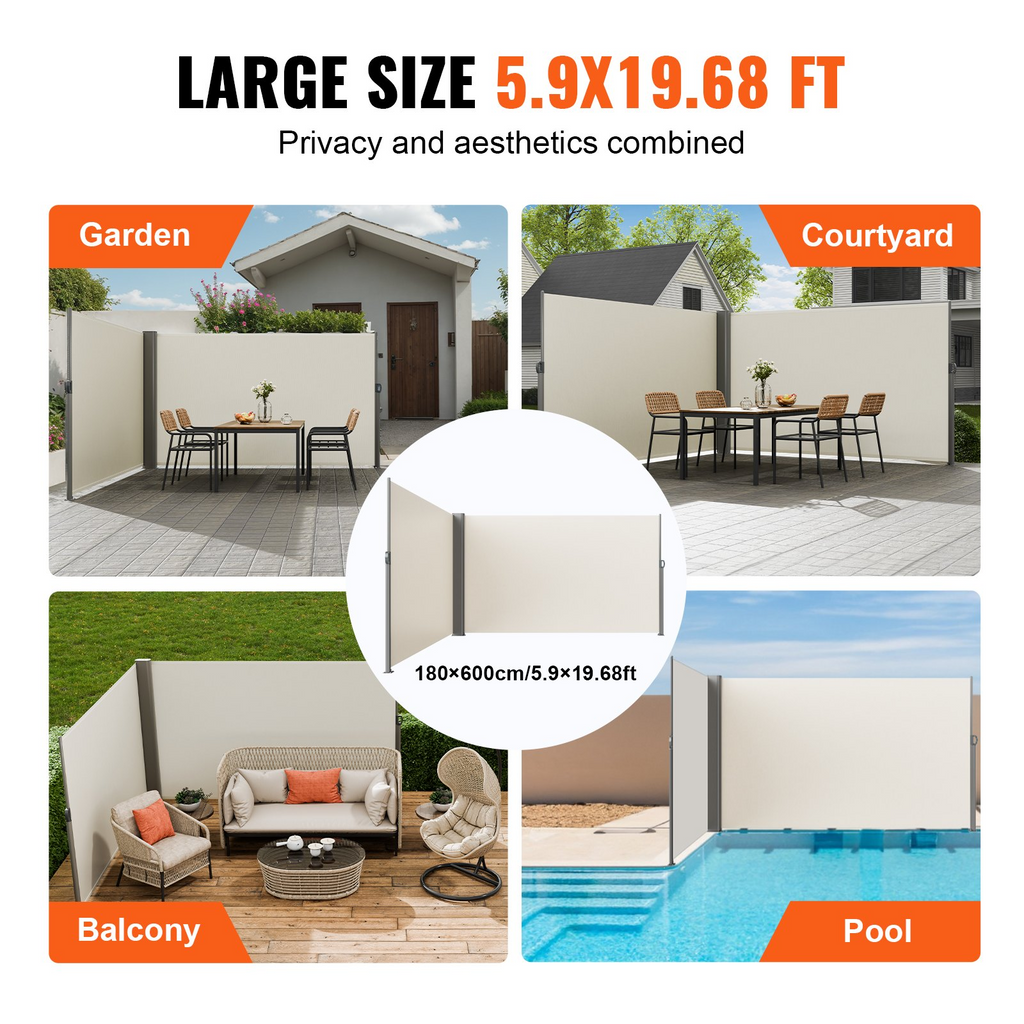 Toldo lateral retráctil beige VEVOR de 71 x 236 pulgadas