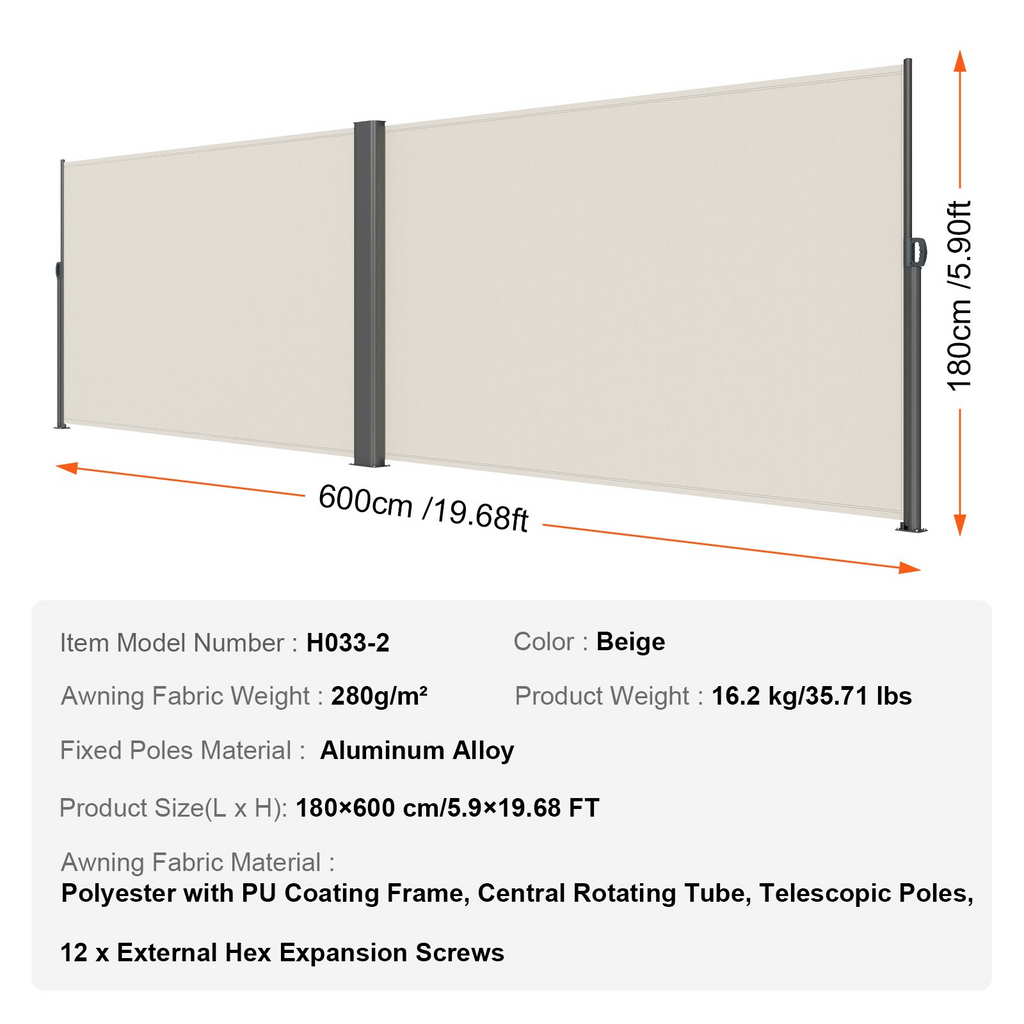 Toldo lateral retráctil beige VEVOR de 71 x 236 pulgadas