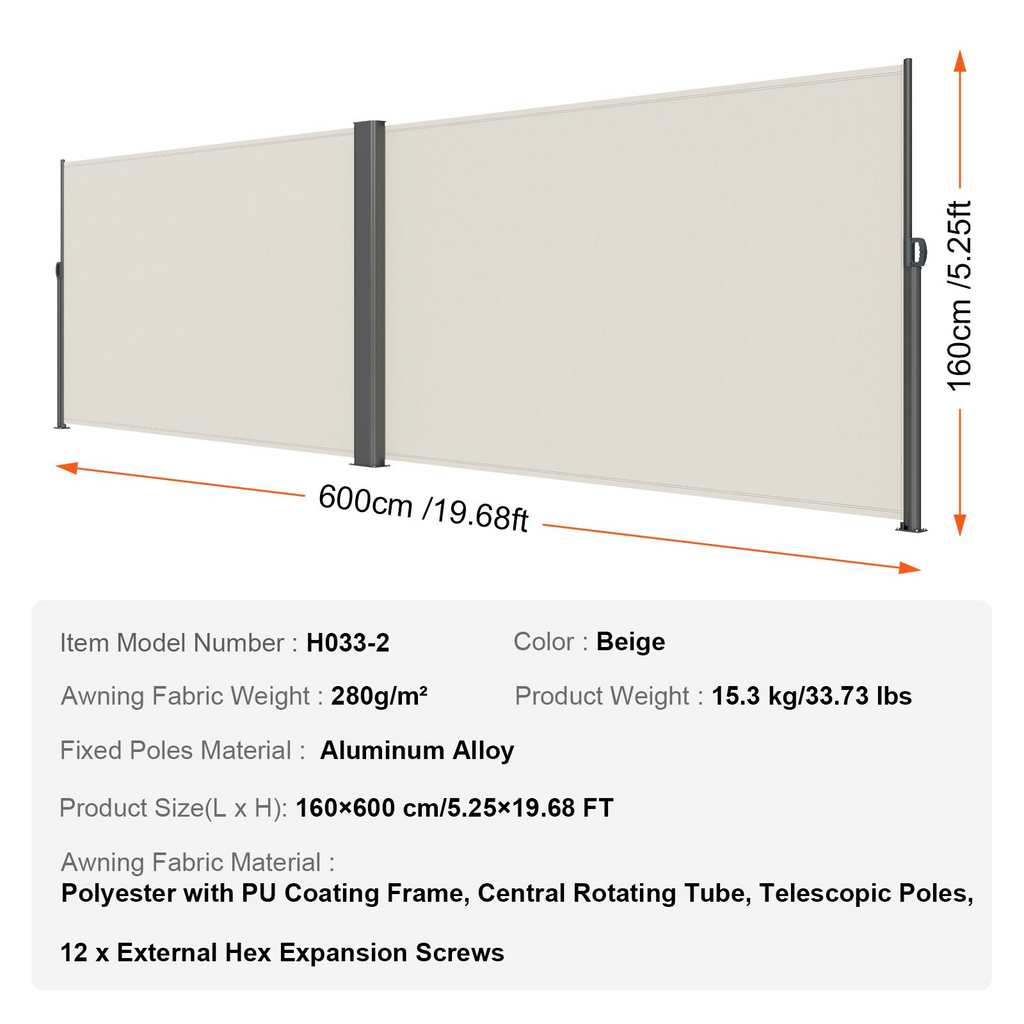 Toldo retráctil beige VEVOR de 63'' x 236''