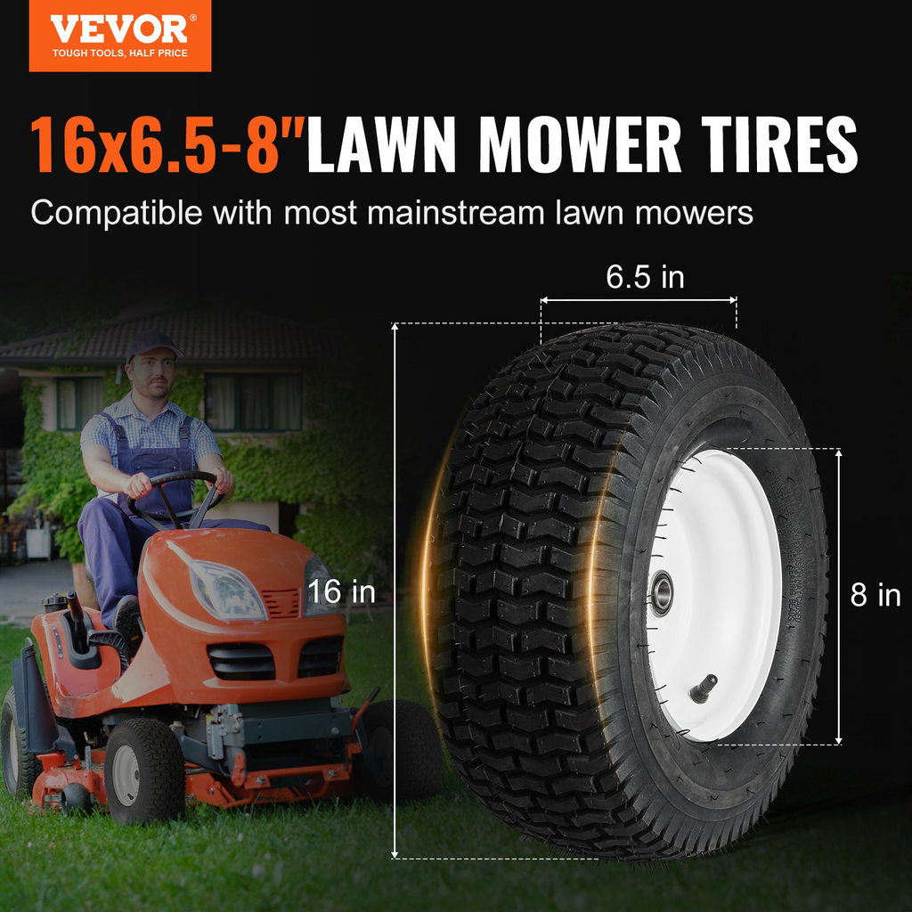 Paquete de 2 Neumáticos para tractor cortacésped VEVOR con llanta sin cámara de 16 x 6,5 a 8" 3" tamaño de buje de 3/4"