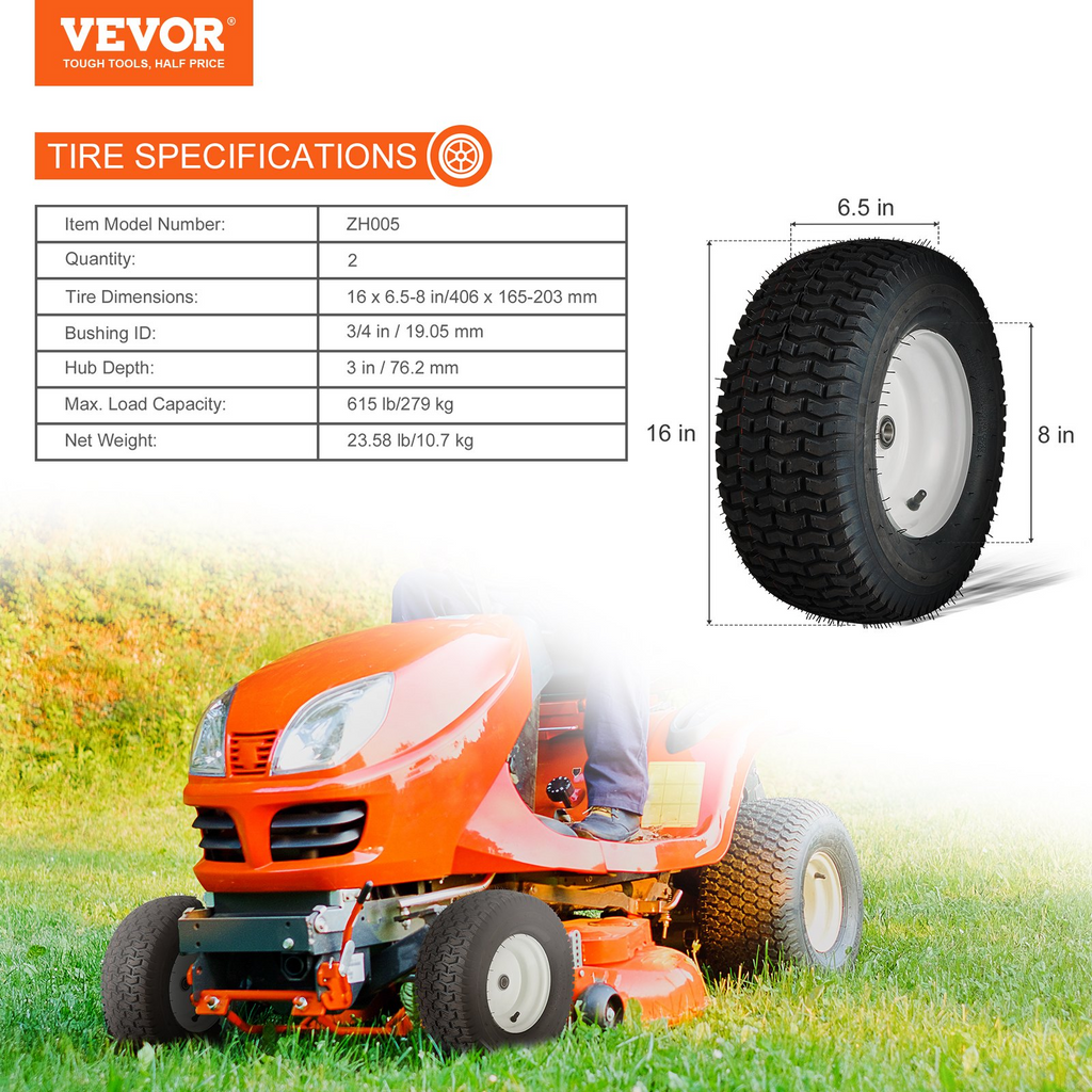 Paquete de 2 Neumáticos para tractor cortacésped VEVOR con llanta sin cámara de 16 x 6,5 a 8" 3" tamaño de buje de 3/4"