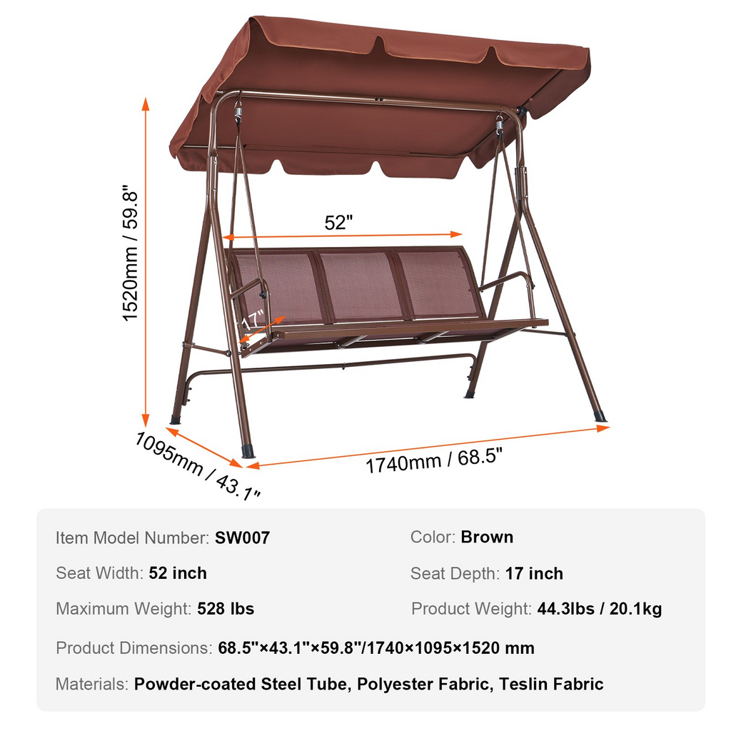 VEVOR - Columpio de exterior de 3 plazas para patio