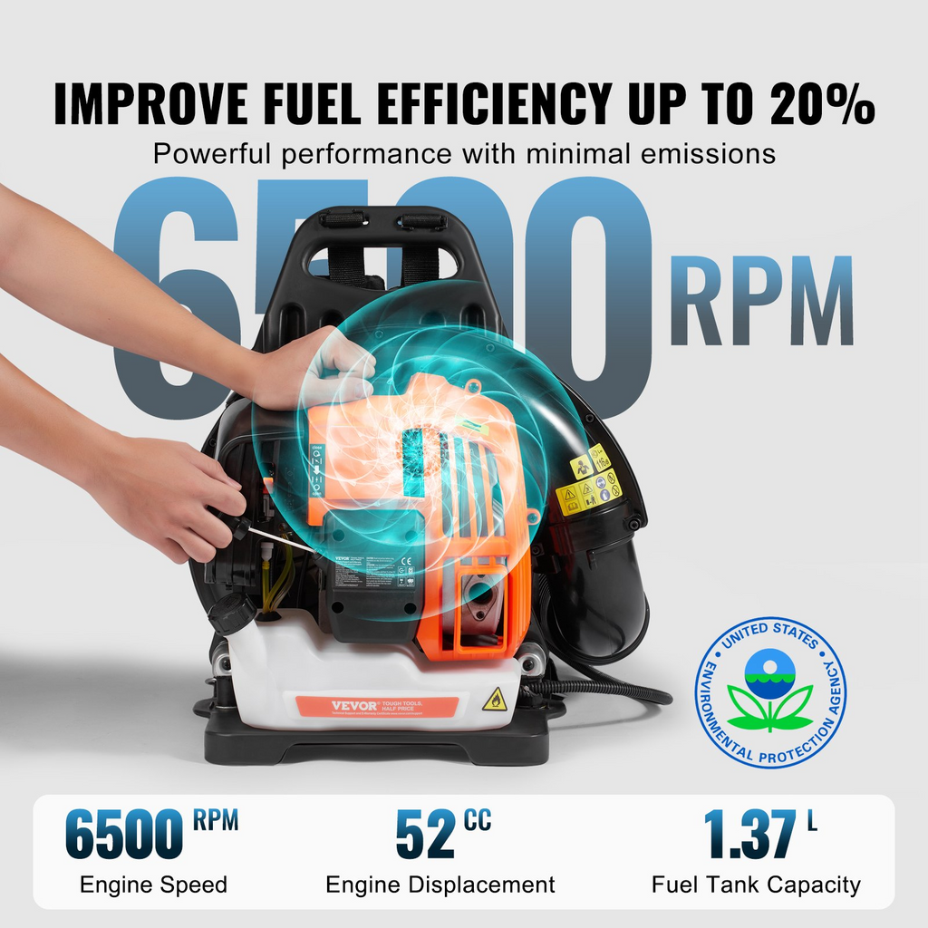 Soplador de hojas con mochila VEVOR 2 tiempos 52 CC con tanque de combustible de 1,37 L 480 CFM 175 MPH