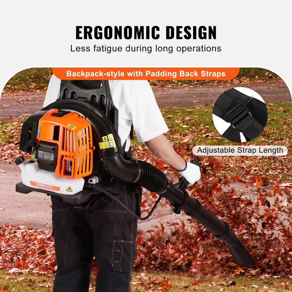 Soplador de hojas con mochila VEVOR 2 tiempos 52 CC con tanque de combustible de 1,37 L 480 CFM 175 MPH