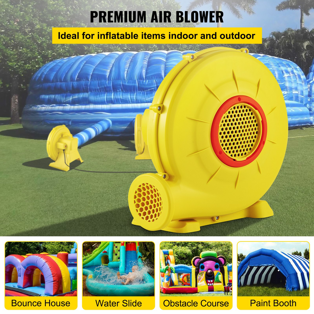 Soplador de aire VEVOR 450 W 0.6 HP para castillos inflables y toboganes amarillo