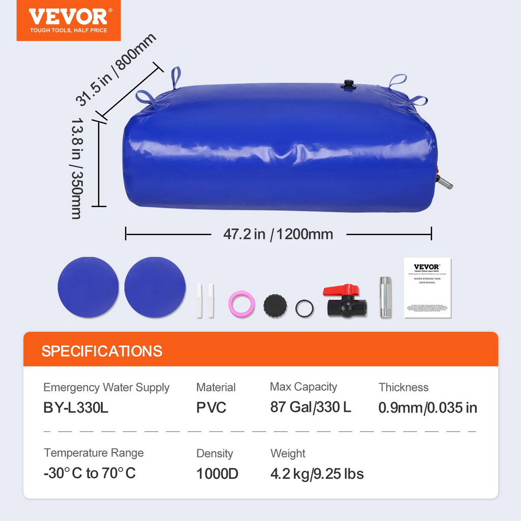 VEVOR - Tanque de agua para RV de 330 l/87 galones contenedor de agua plegable de PVC azul 1000 D