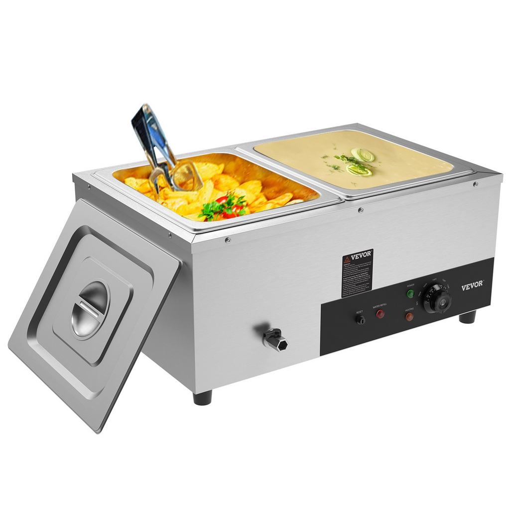 Calentador de alimentos comercial de 2 sartenes de 2 x 12 qt, 1500 W con control de temperatura de 86 a 185 °F