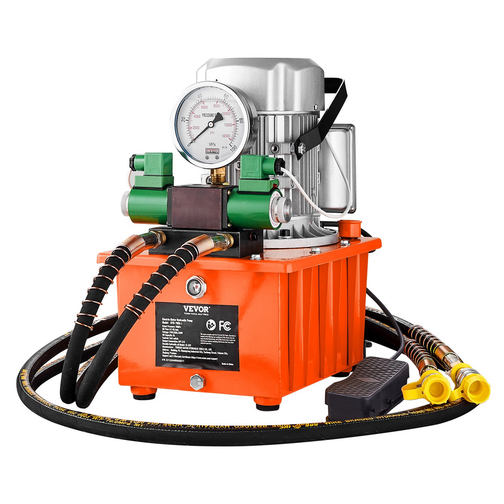 Bomba hidráulica eléctrica VEVOR, 10000 PSI, 750 W, 110 V, capacidad de 488 in³/8 L, válvula solenoide de doble efecto accionada eléctricamente con interruptor de pedal para máquina de punzonado/doblado/gato