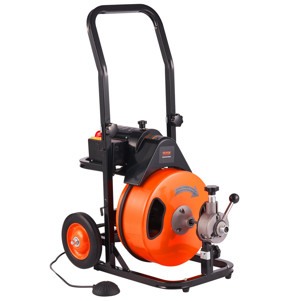 Máquina de limpieza de desagües VEVOR de 23 MTS x 1/2 pulgada, máquina desatascadora de alcantarillado con alimentación automática, limpiador de barrena de desagüe con 4 cortadores e interruptor de pie activado por aire