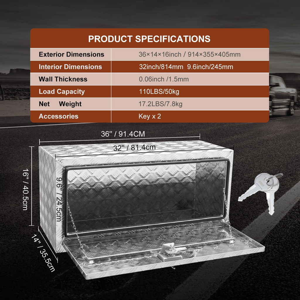 VEVOR Caja de almacenamiento para debajo de la carrocería de camión 36" × 14" × 16"