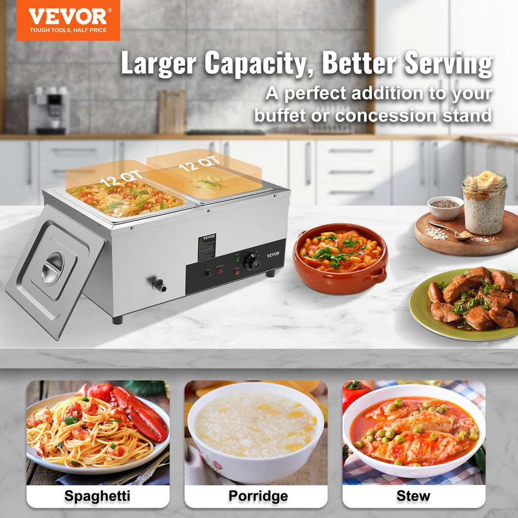 Calentador de alimentos comercial de 2 sartenes de 2 x 12 qt, 1500 W con control de temperatura de 86 a 185 °F