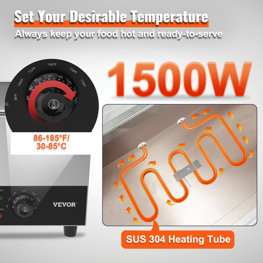 Calentador de alimentos comercial de 2 sartenes de 2 x 12 qt, 1500 W con control de temperatura de 86 a 185 °F