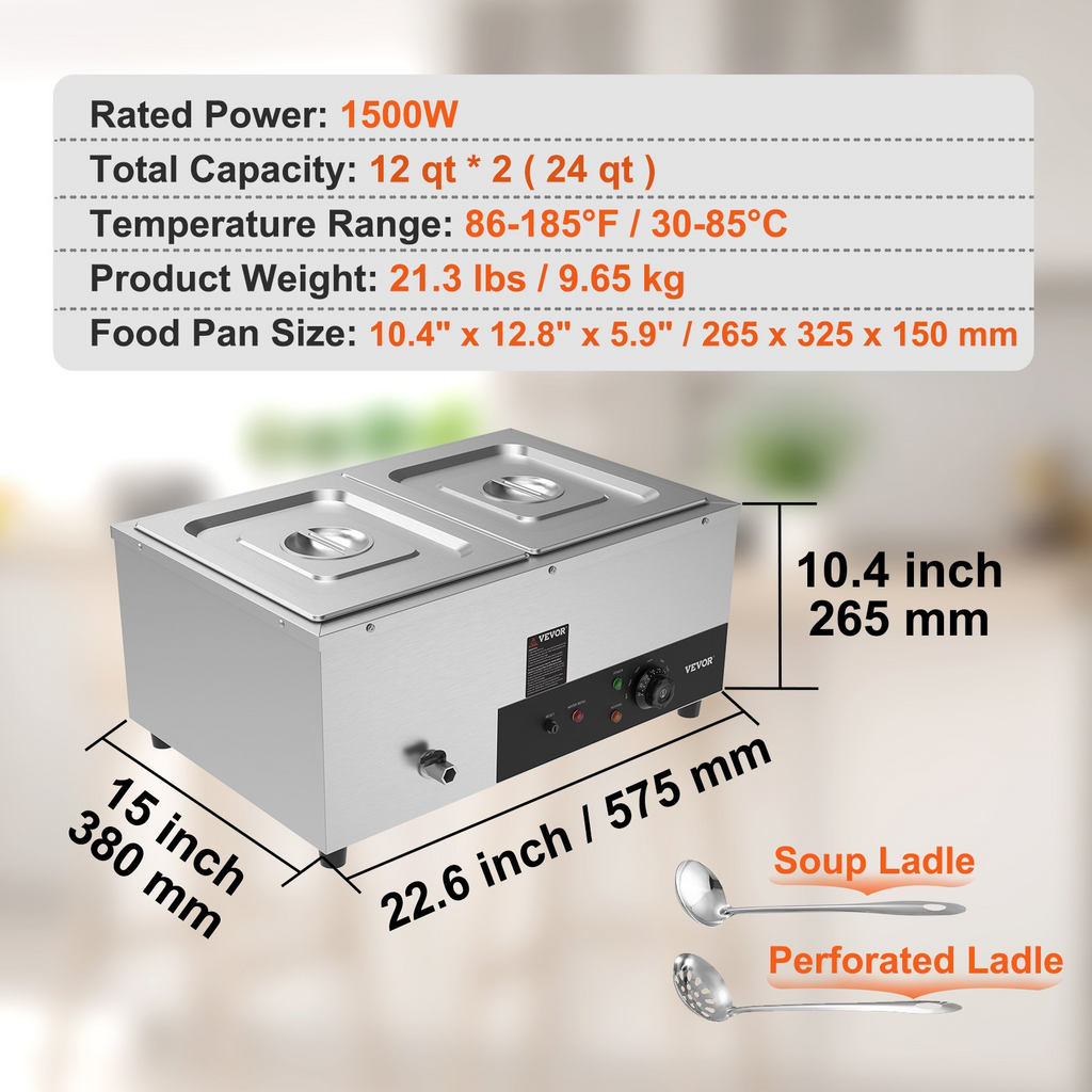 Calentador de alimentos comercial de 2 sartenes de 2 x 12 qt, 1500 W con control de temperatura de 86 a 185 °F