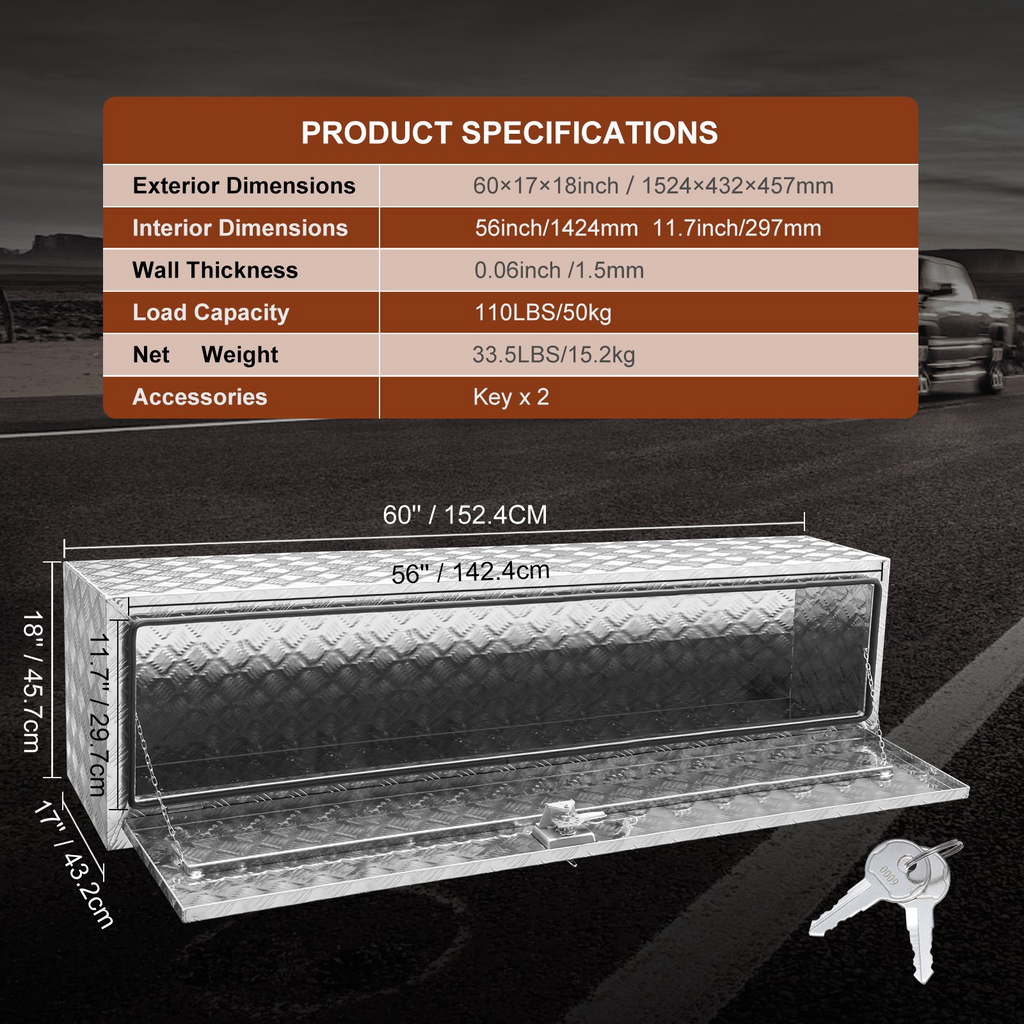 VEVOR Caja de almacenamiento para debajo de la carrocería de camión 60" × 17" × 18"