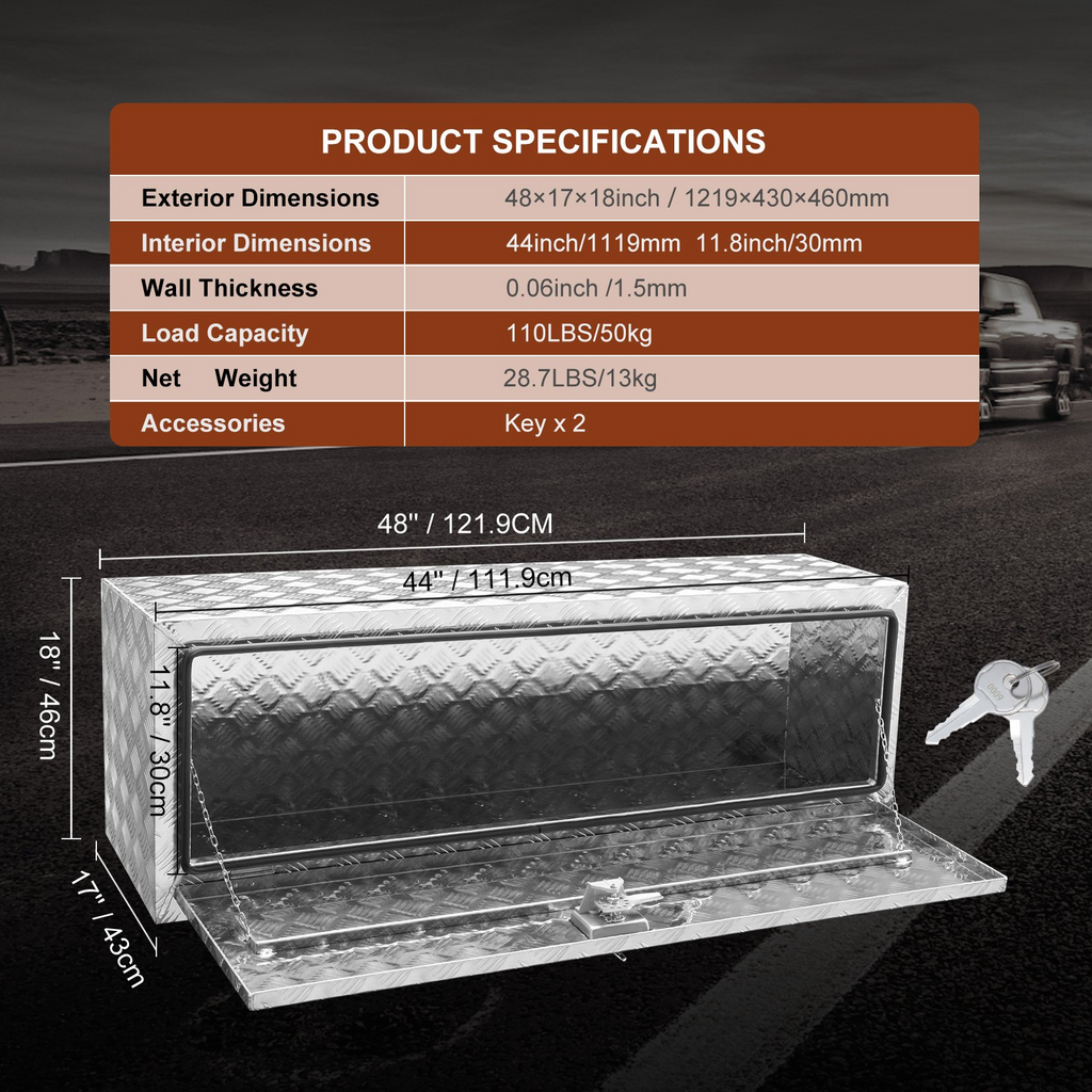 VEVOR Caja de almacenamiento para debajo de la carrocería de camión 48" × 17" × 18"