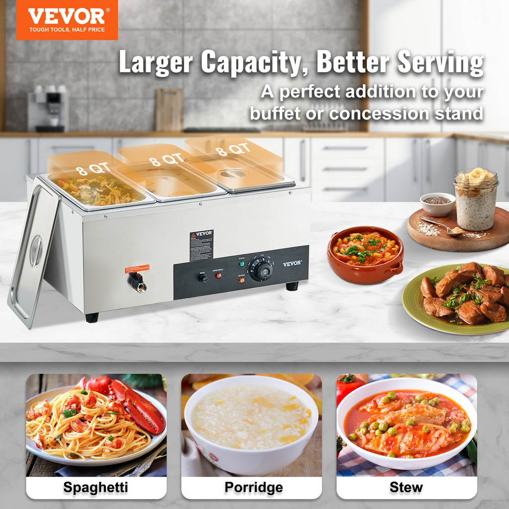 Calentador de alimentos comercial de 3 sartenes VEVOR de 3 x 8 qt 1500 W control de temperatura de 86 a 185 °F