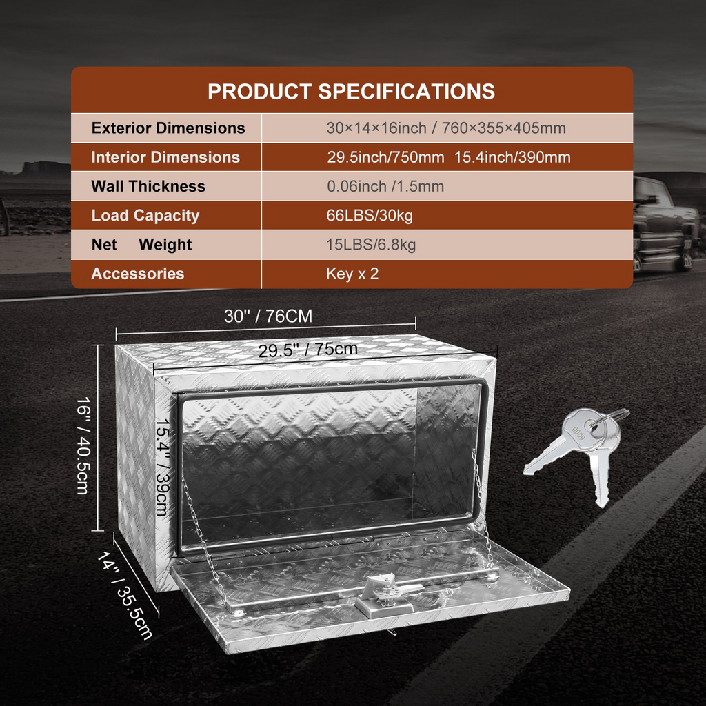 VEVOR Caja de almacenamiento para debajo de la carrocería de camión 30" × 14" × 16"