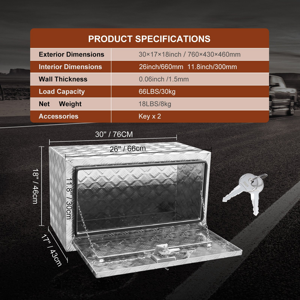 VEVOR Caja de almacenamiento para debajo de la carrocería de camión 30" × 17" × 18" con pestillo de manija en T para camión furgoneta remolque