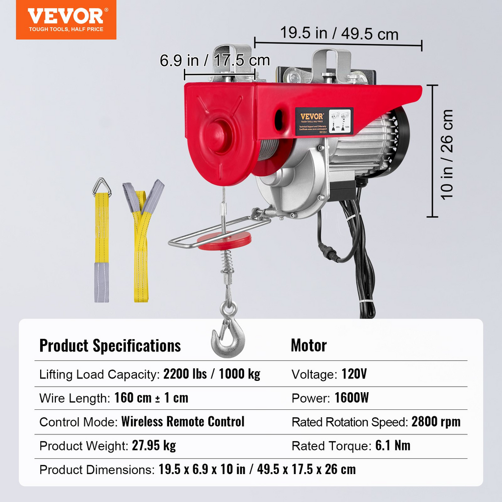 Polipasto eléctrico VEVOR de 2200 libras 1600 W y 110 V con control remoto inalámbrico altura de elevación de un solo cable de 40 pies y motor de cobre puro