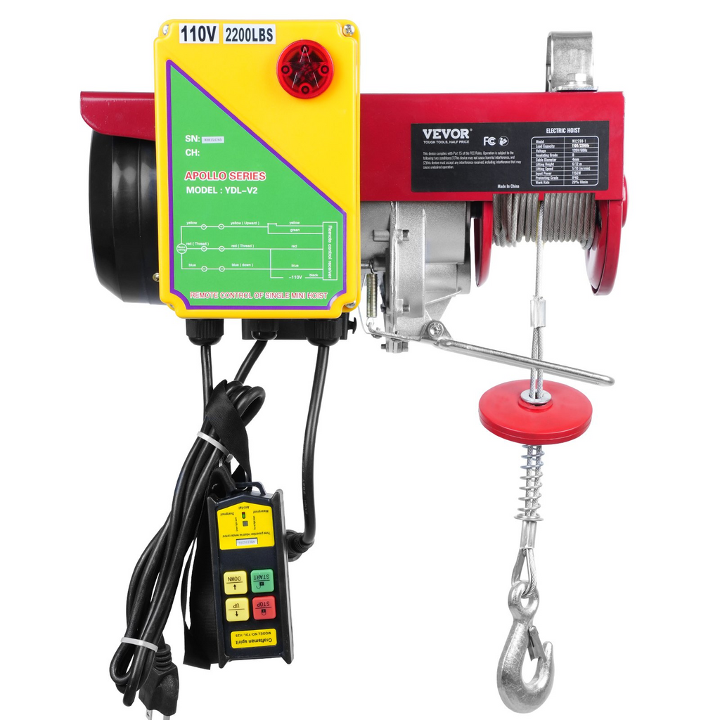 Polipasto eléctrico VEVOR de 2200 libras 1600 W y 110 V con control remoto inalámbrico altura de elevación de un solo cable de 40 pies y motor de cobre puro