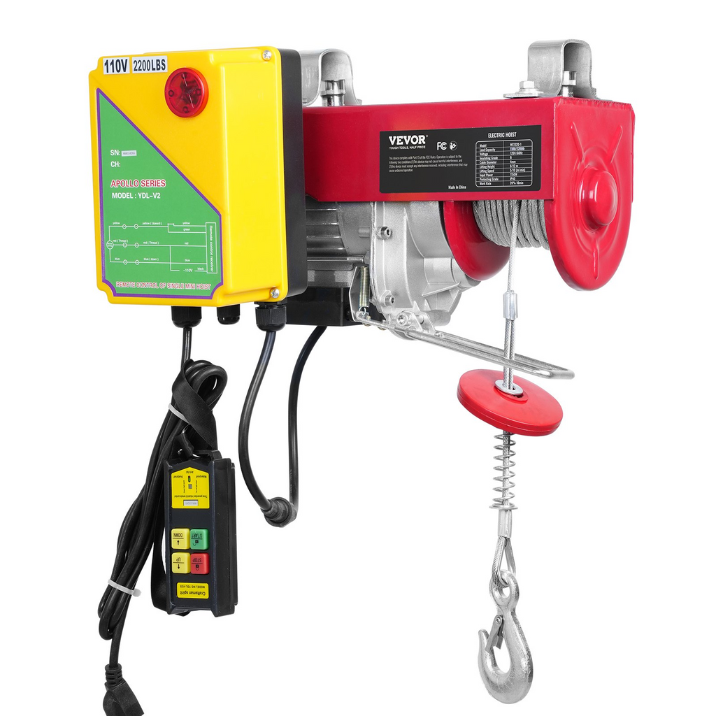 Polipasto eléctrico VEVOR de 2200 libras 1600 W y 110 V con control remoto inalámbrico altura de elevación de un solo cable de 40 pies y motor de cobre puro