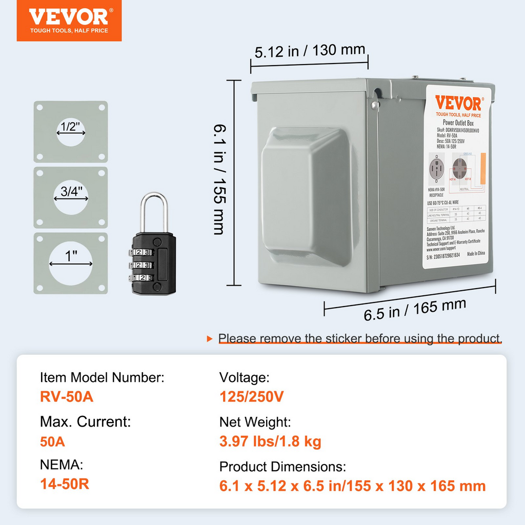 Caja de toma de corriente para RV de 50 amperios 125/250 voltios