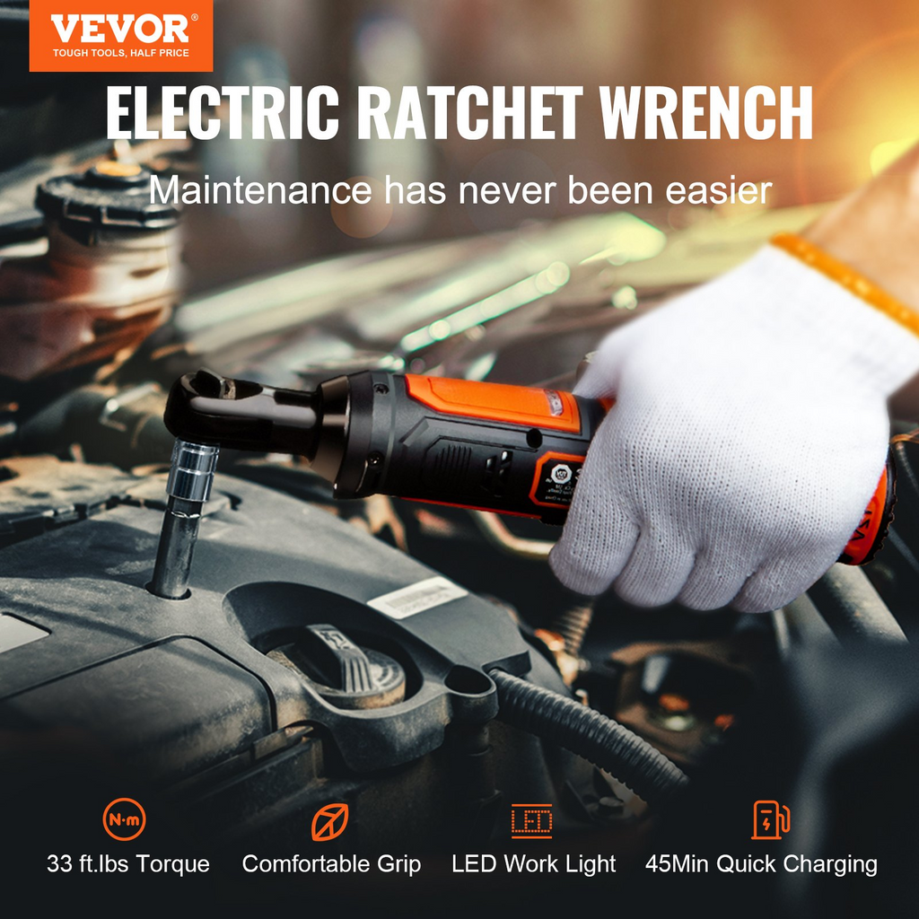 Juego de llaves de trinquete eléctricas inalámbricas VEVOR de 3/8" 12 V y 33 ft-lbs, carga rápida 2 baterías de 2,0 Ah luz LED incorporada 10 enchufes