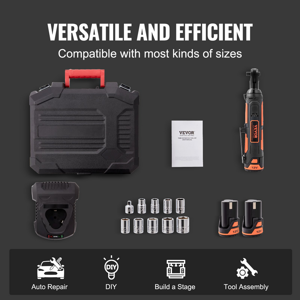 Juego de llaves de trinquete eléctricas inalámbricas VEVOR de 3/8" 12 V y 33 ft-lbs, carga rápida 2 baterías de 2,0 Ah luz LED incorporada 10 enchufes