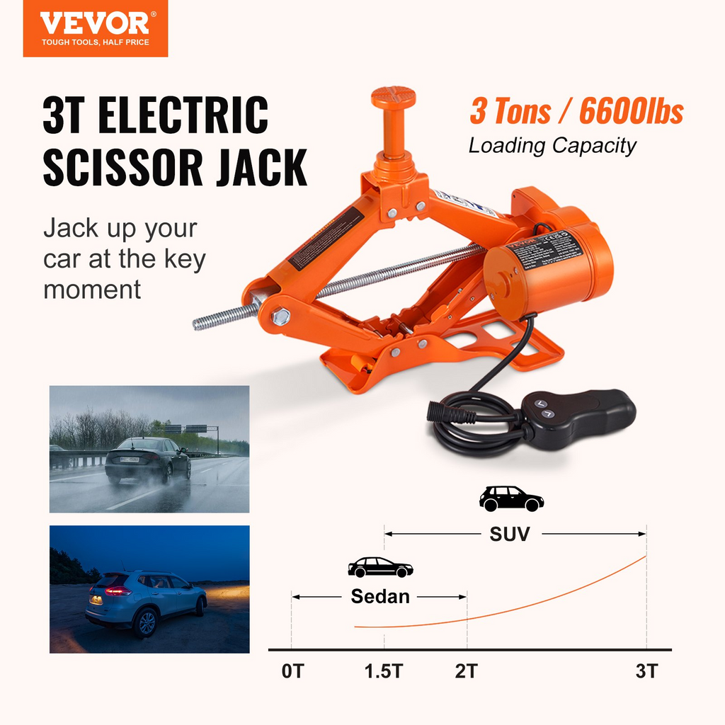 Gato eléctrico para coche VEVOR de tijera de 3 toneladas/6600 libras automático de 12 V con doble montura y control remoto