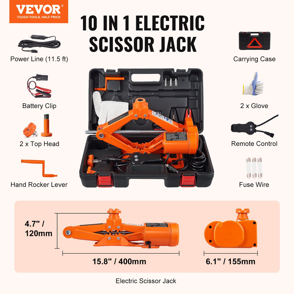 Gato eléctrico para coche VEVOR de tijera de 3 toneladas/6600 libras automático de 12 V con doble montura y control remoto
