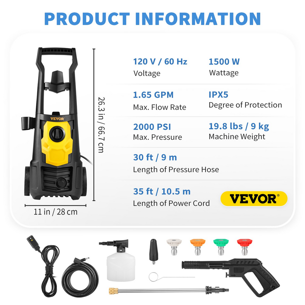 Hidrolavadora eléctrica VEVOR 2000 PSI máx 1,65 GPM