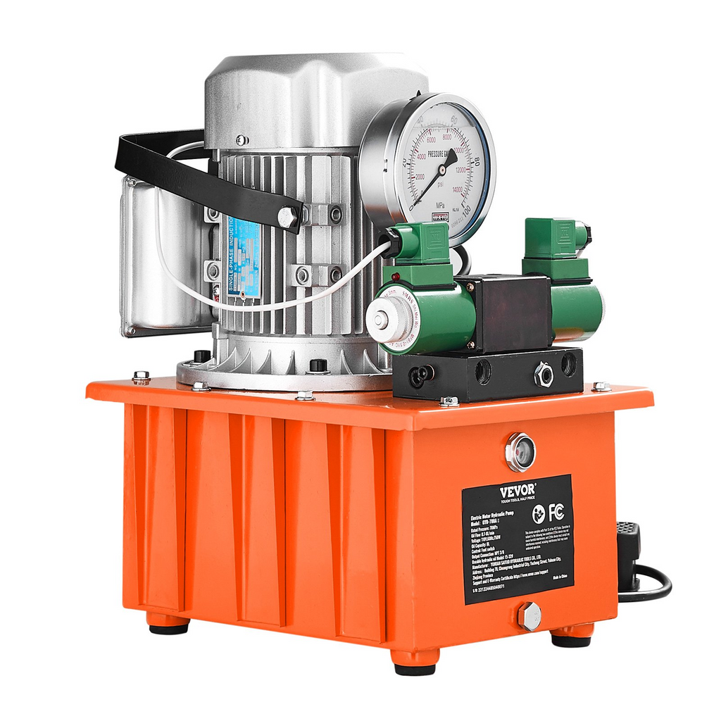 Bomba hidráulica eléctrica VEVOR, 10000 PSI, 750 W, 110 V, capacidad de 488 in³/8 L, válvula solenoide de doble efecto accionada eléctricamente con interruptor de pedal para máquina de punzonado/doblado/gato