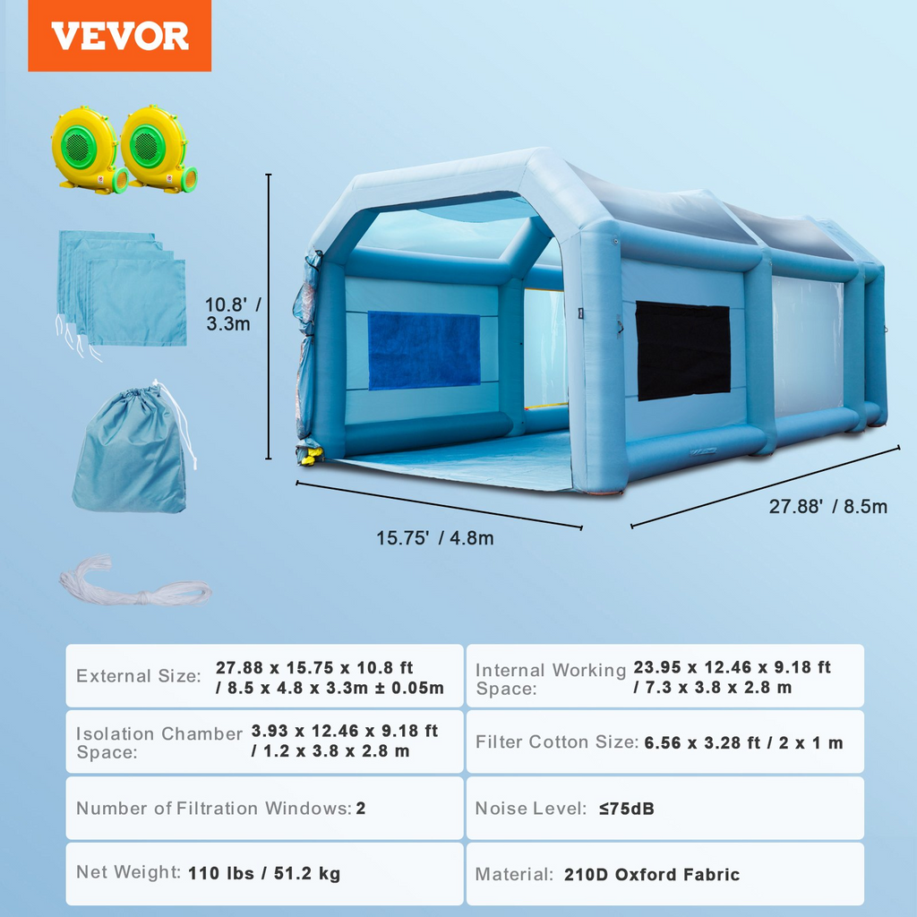 Cabina de pintura inflable VEVOR 28 x 16 x 11 pies  750 W + 950 W