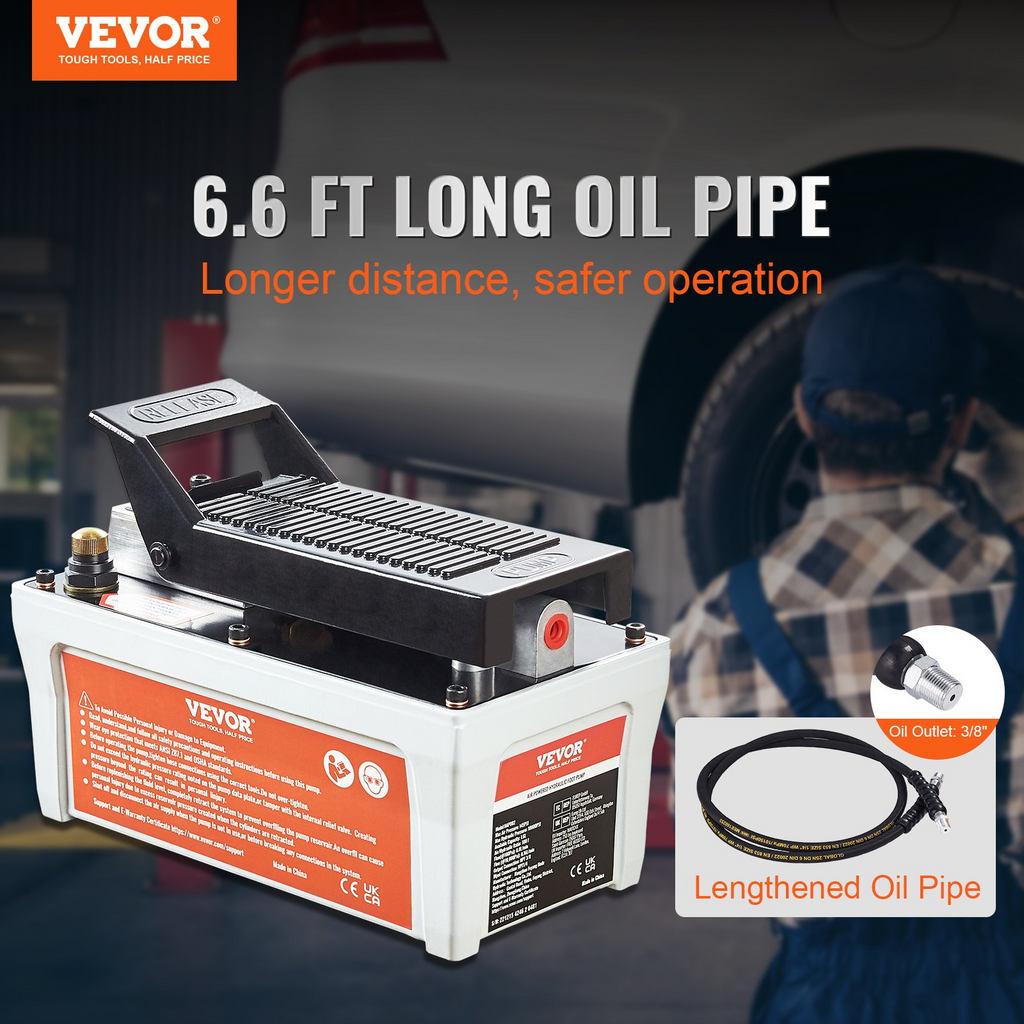 Bomba hidráulica de aire VEVOR, 10 000 PSI, depósito de 1/2 galón, salida de aceite NPT de 3/8", entrada NPT de 1/4", tubería de 6,6 pies, bomba hidráulica accionada con el pie, pedal de aire para máquinas