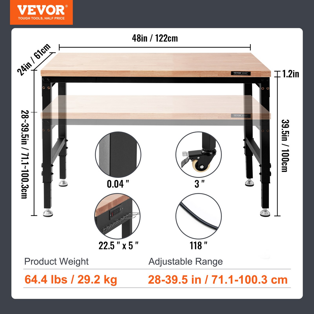 Banco de trabajo ajustable VEVOR 48" de largo x 24" de ancho alturas de 28 a 39,5" y capacidad de carga de 2000 libras